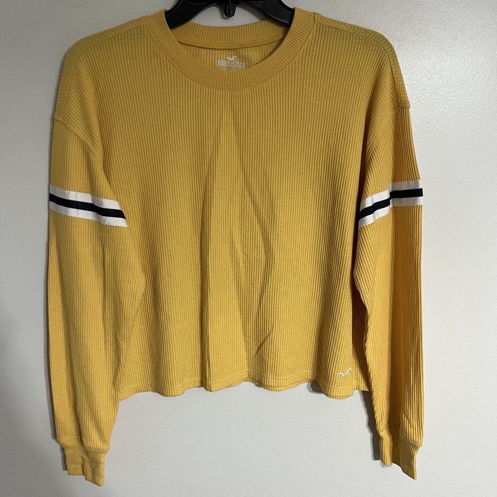 Hollister Womens Yellow Waffle Knit Boyfriend Tee Cropped Shirt Size XS Oversize
